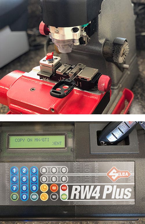 automotive key being cut (top) and an automotive fob being programmed (bottom)