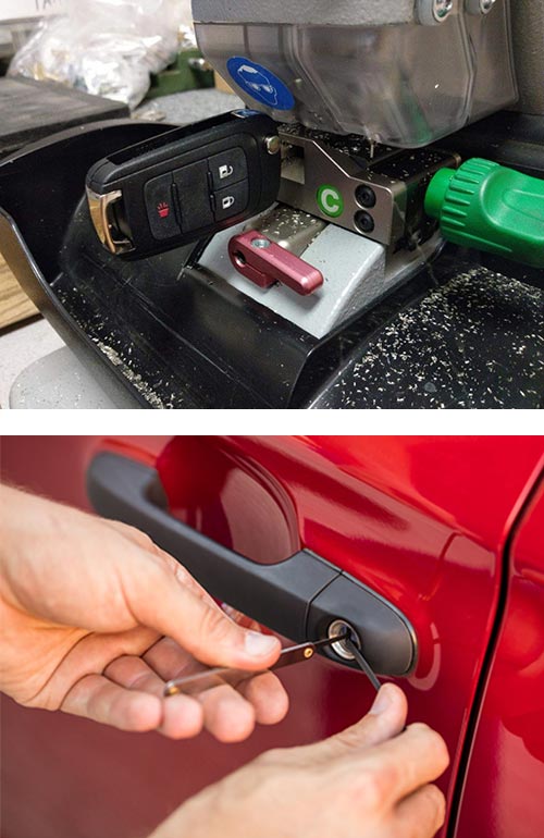 car key being cut (top) and a car door lock being picked with professional tools (bottom)
