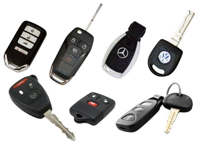 a variety of automotive keys, fobs, and remotes