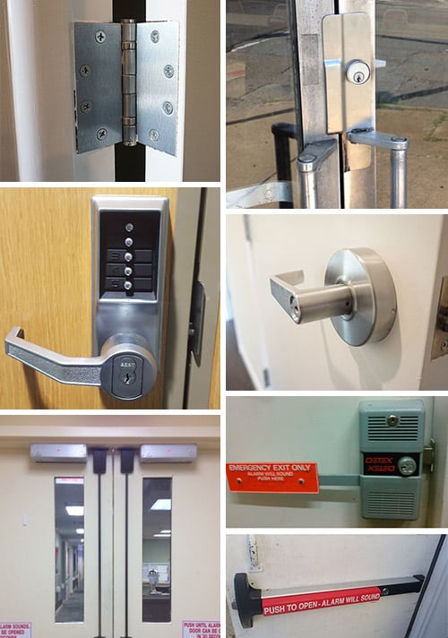 collage of commercial-grade door hardware, hinges, door handles, exit devices, door closers