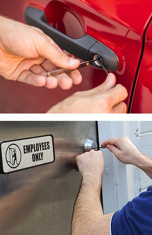 automotive door lock being picked (top), and a commercial deadbolt being unlocked with professional tools (bottom)