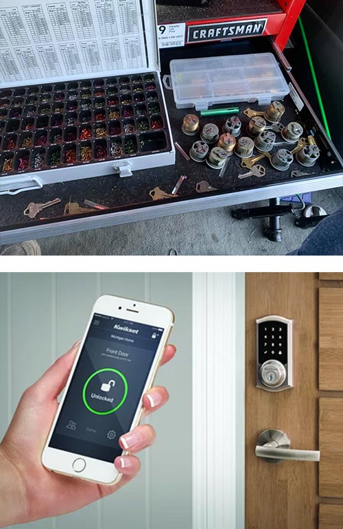 We recently rekeyed a bunch of deadbolts for a local client who wanted all of them to work with the same key. (top) We can also install a variety of Smart Locks for you including ones that can be operated with your smartphone. (bottom)