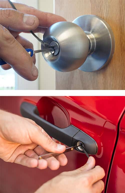 image of a door knob lock being picked (top) and a car door being unlocked with a professional Lishi tool (bottom).